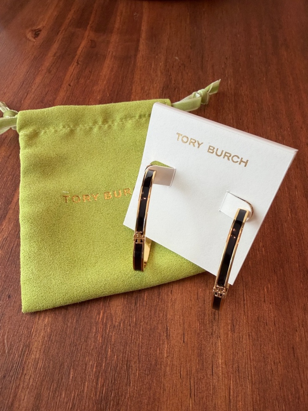 Tory Burch Black and Gold Hoop Earrings with Logo Detail
